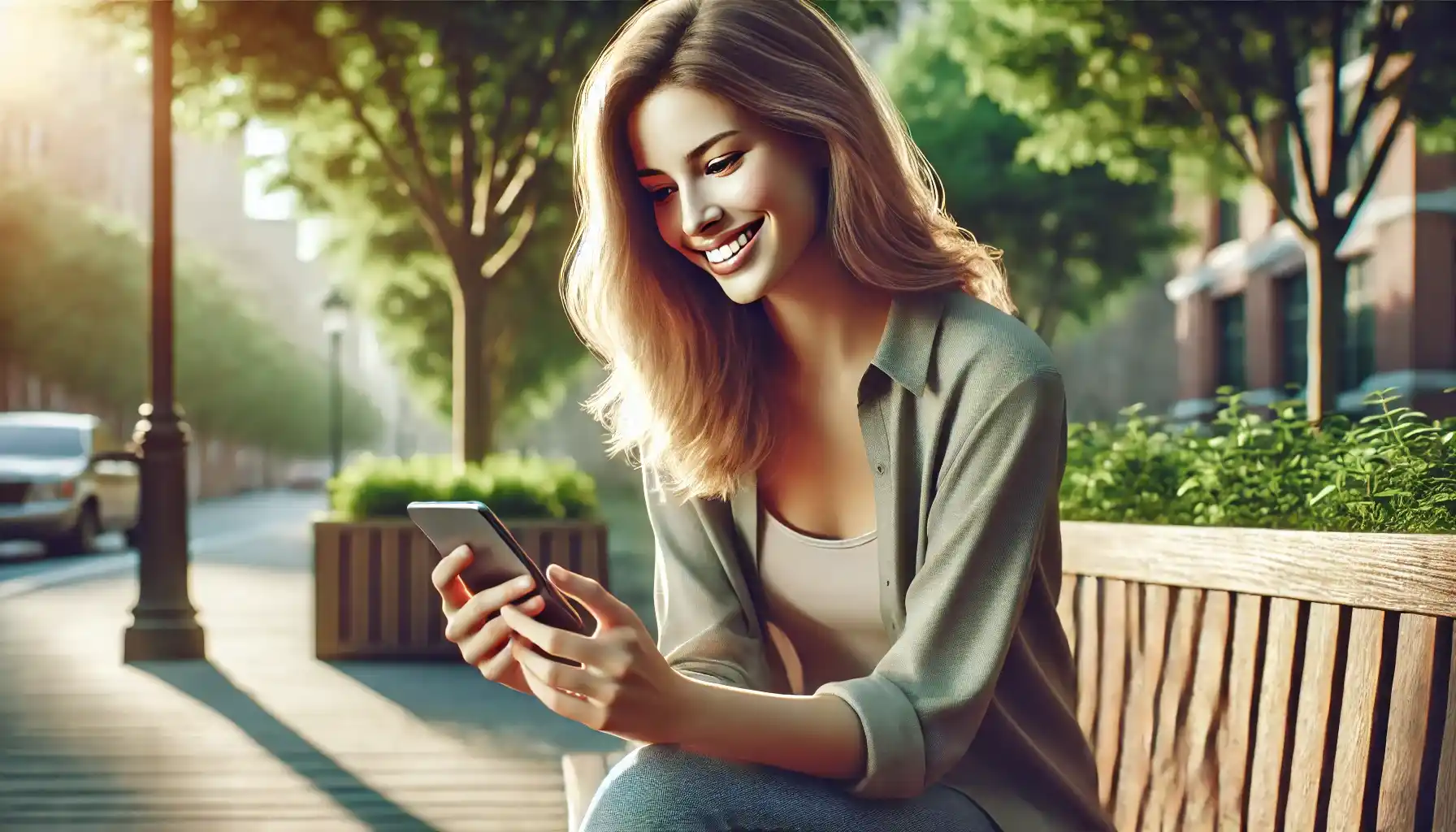 a smiling blonde woman sitting on a bench while using her phone.