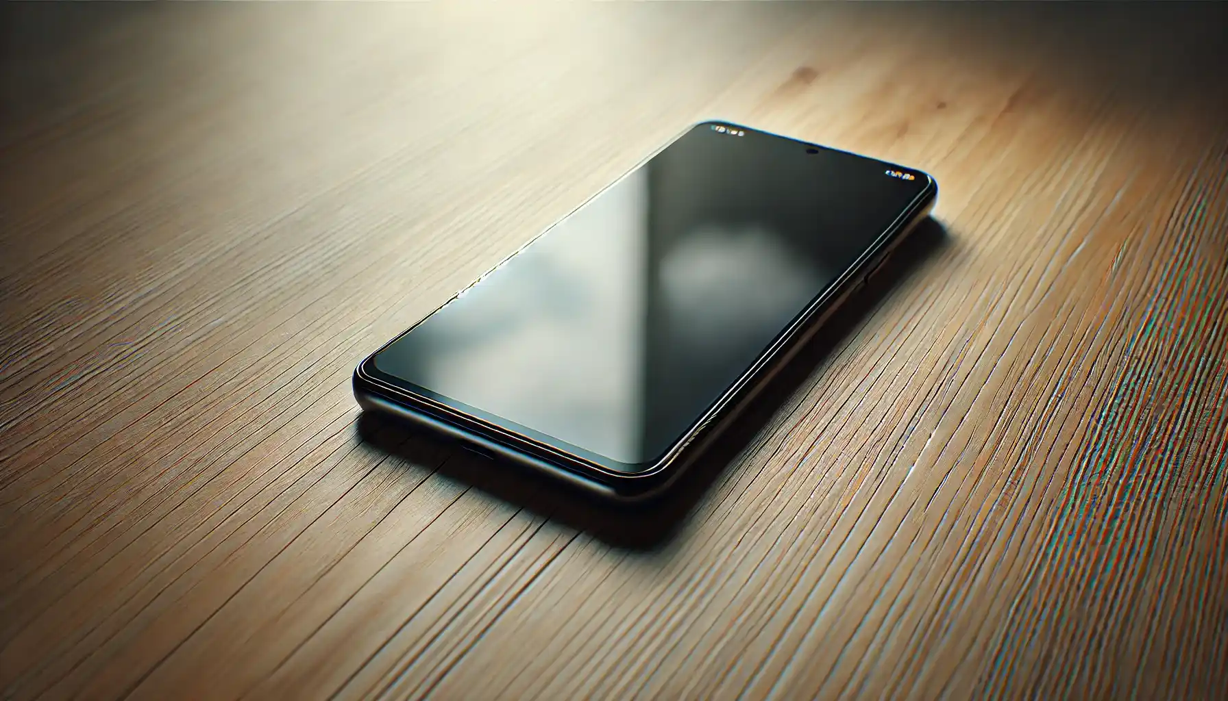 a turned-off smartphone lying on a wooden table.