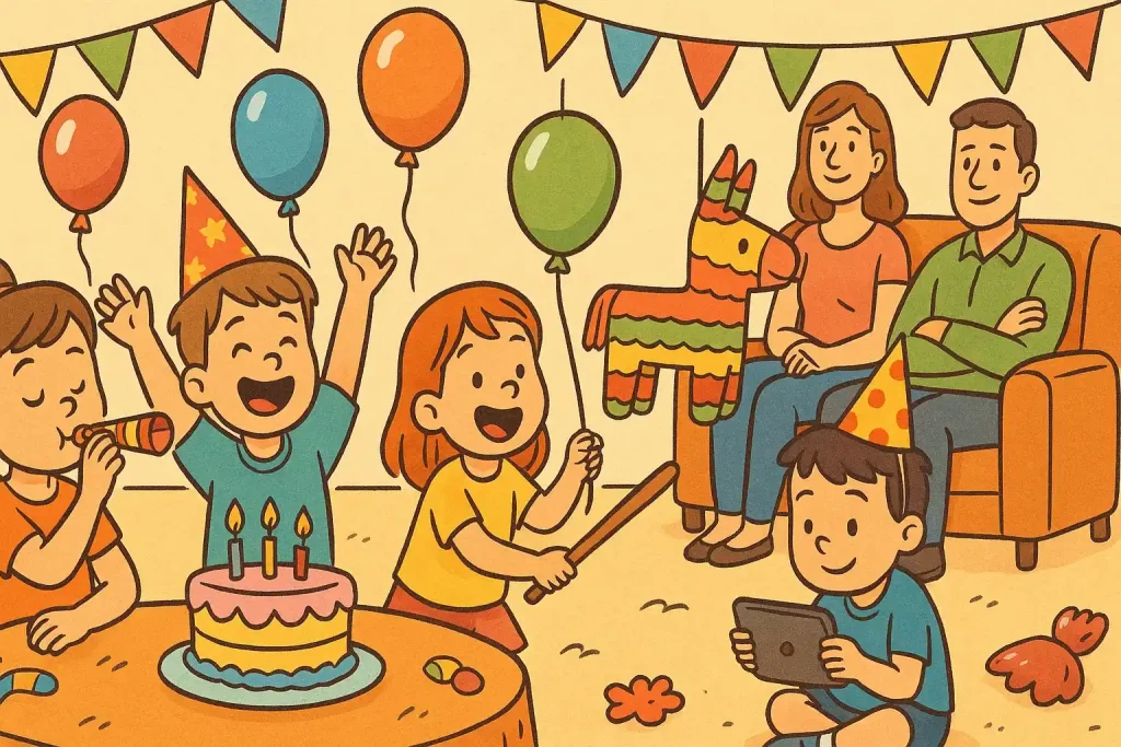 A kids birthday party with small kids enjoying games and parents resting and chilling in the background.