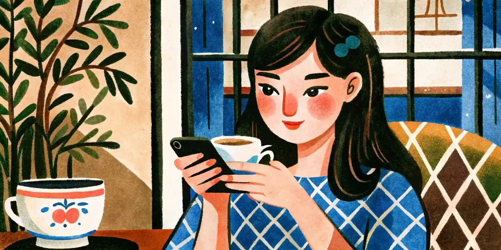 young woman is using her phone and having tea