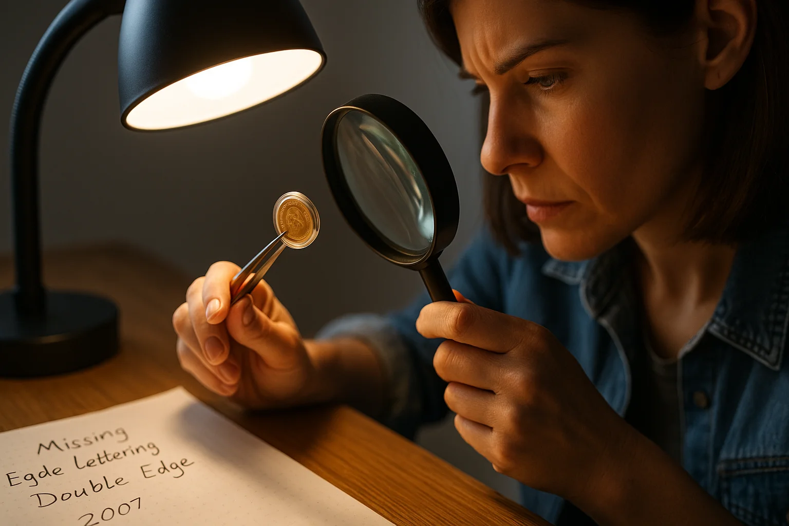 A woman examines a 2007 Presidential dollar under a desk lamp, using tweezers and a magnifying glass to study the coin’s edge.