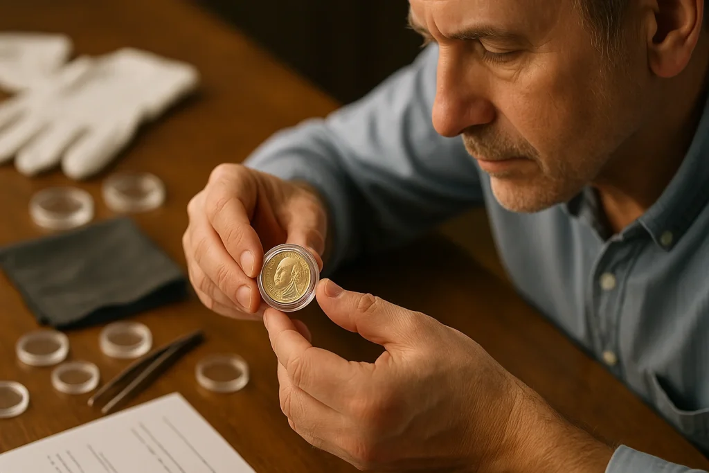 A man carefully places a Presidential dollar into a round plastic holder at his collector’s desk.