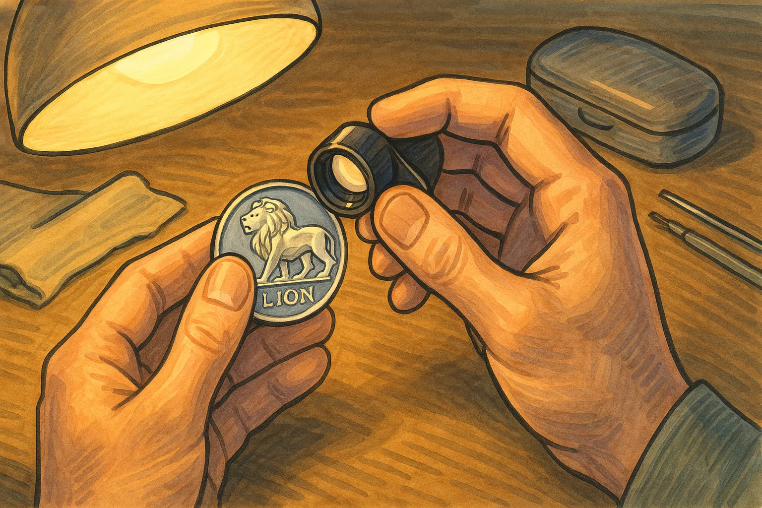 A close observation of a coin with a heraldic lion.