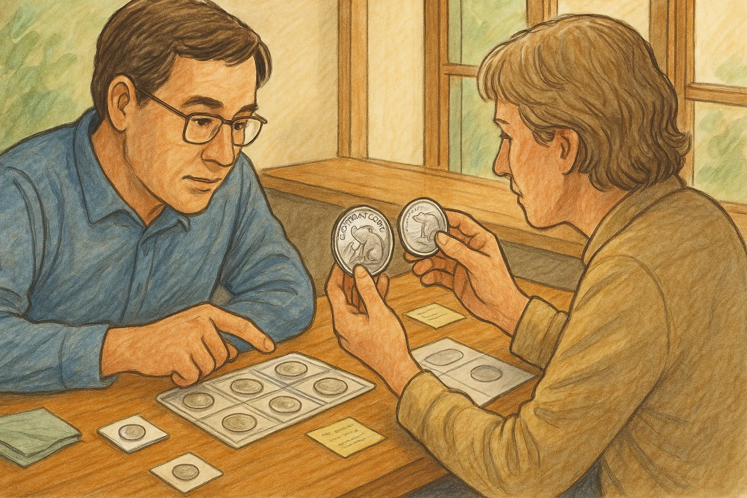 Two coin collectors observe Australian coins with koalas and kangaroos under the natural light.