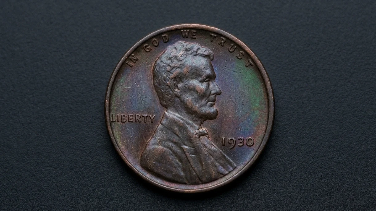 Close-up of a 1930 penny on a plain dark surface