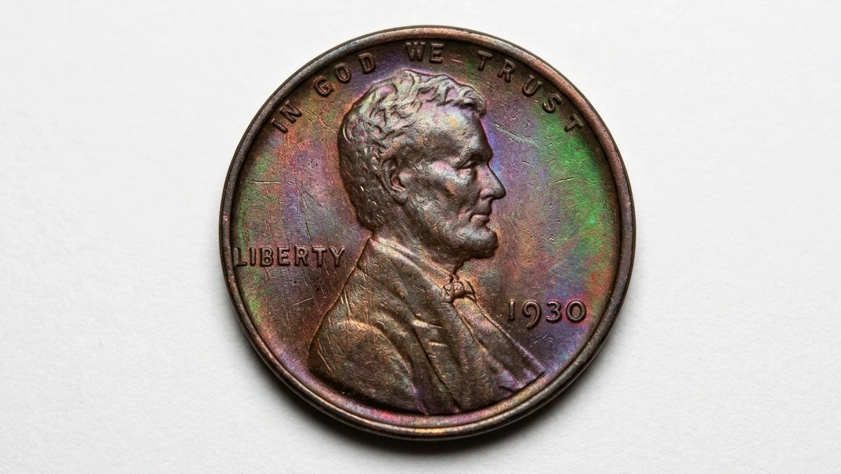 a 1930 penny lying flat with subtle shadow